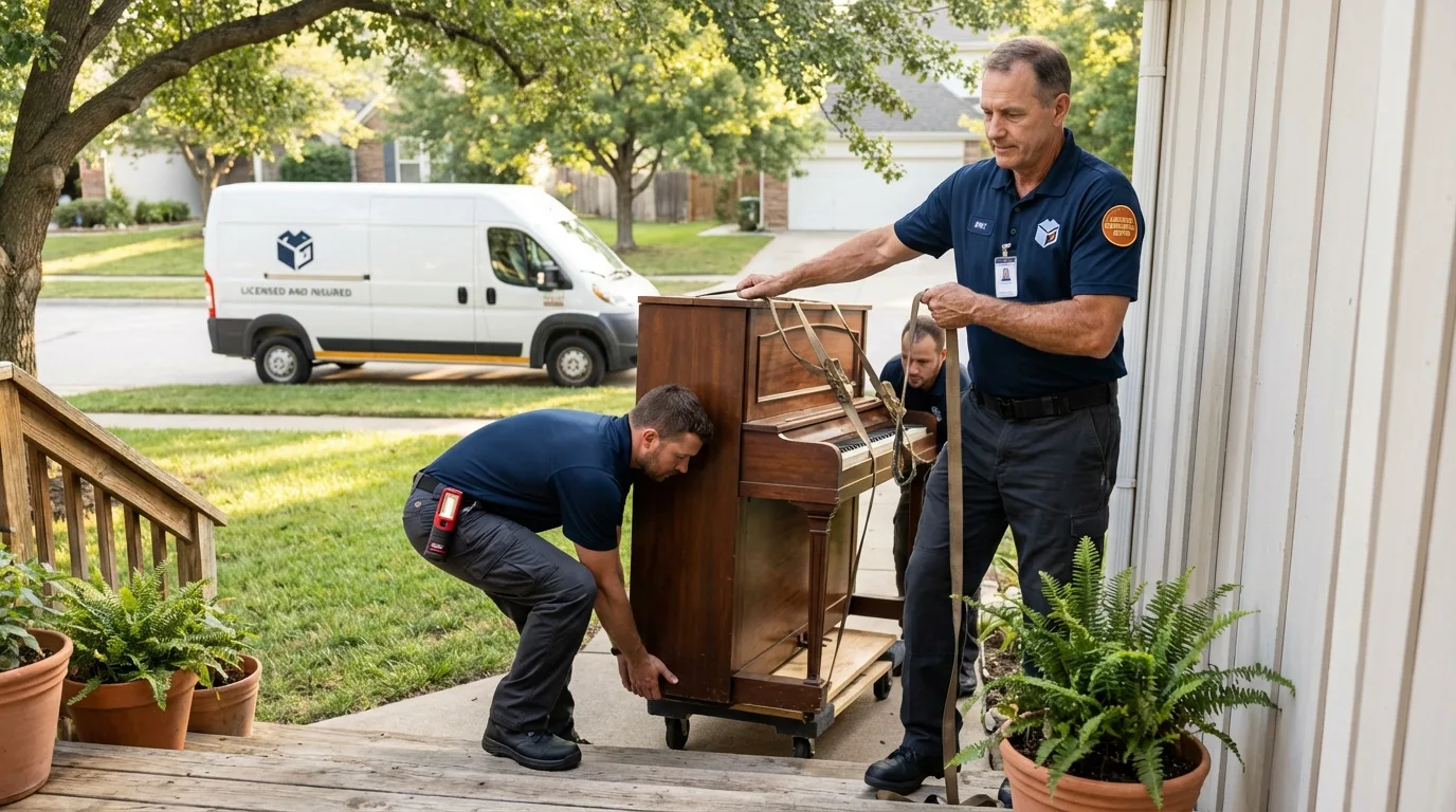 Licensed piano movers securing grand piano in Romeoville, IL