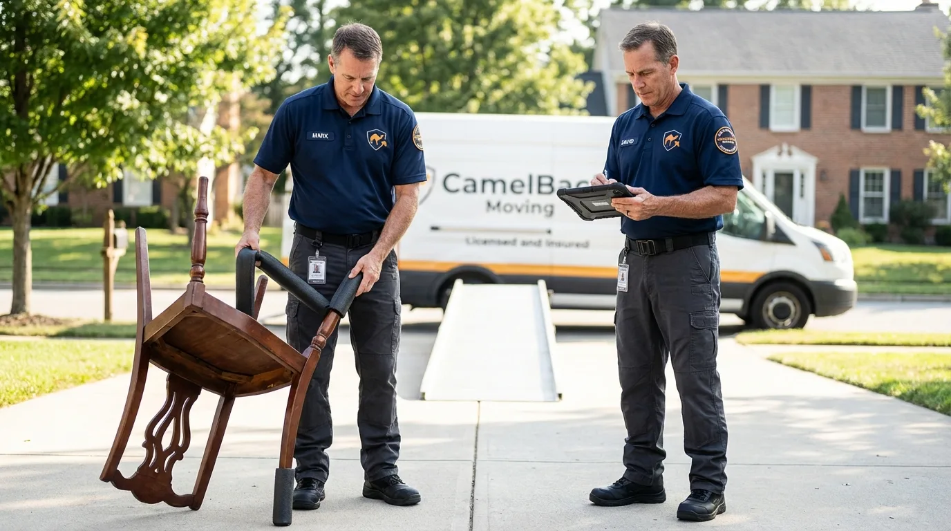 Movers inspecting furniture for damage prevention before loading in Romeoville, IL