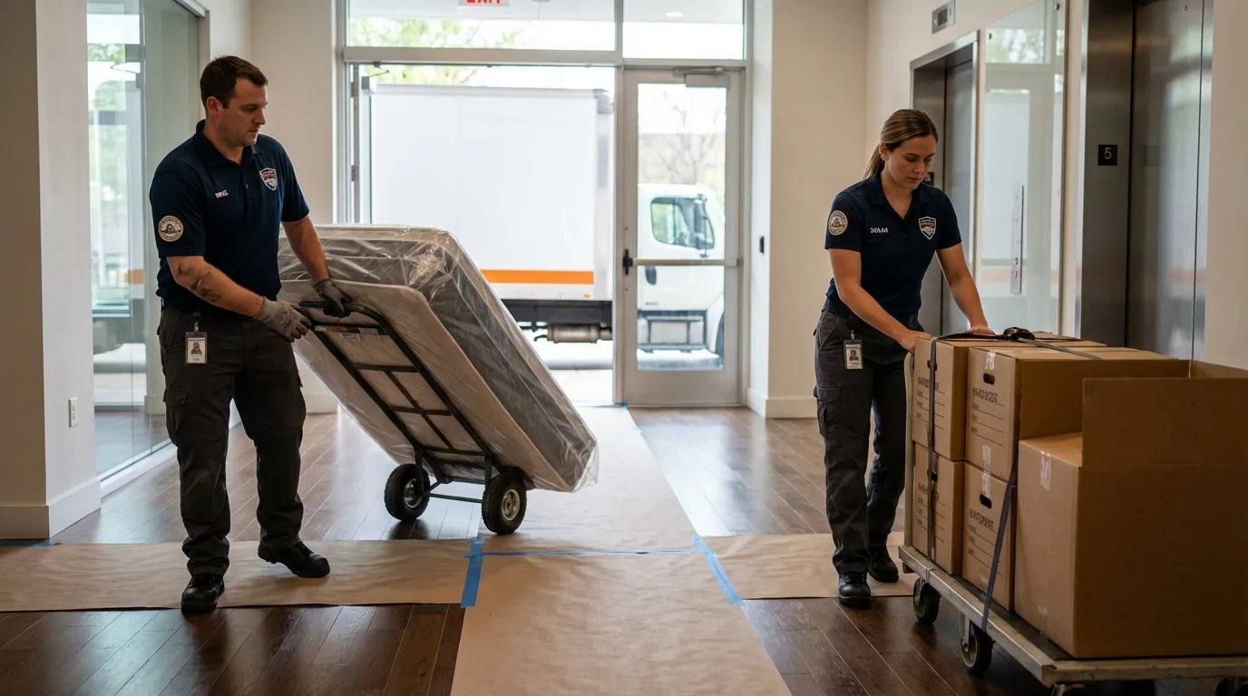 Professional apartment movers loading elevator in Romeoville, IL